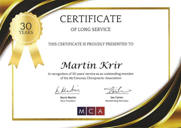 Dr Martin Krir McTimoney Chiropractic Association Lon Service Certificate